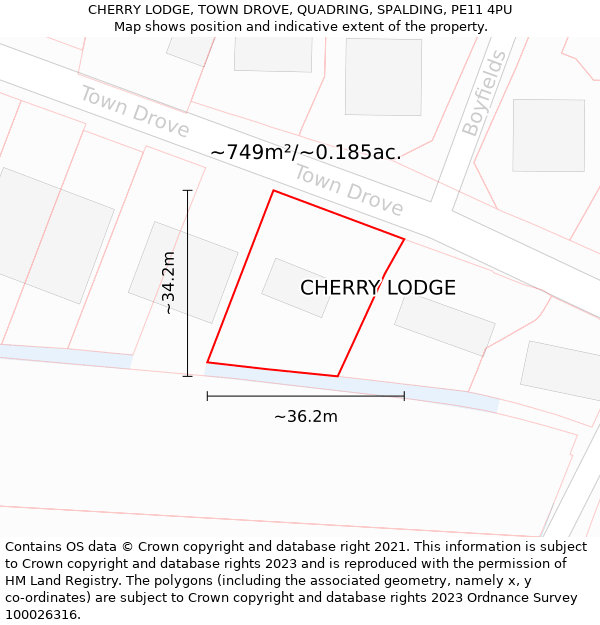 CHERRY LODGE, TOWN DROVE, QUADRING, SPALDING, PE11 4PU: Plot and title map