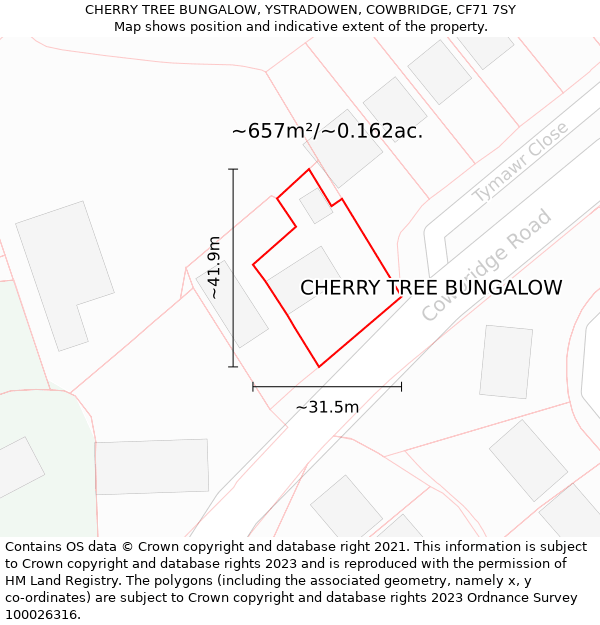 CHERRY TREE BUNGALOW, YSTRADOWEN, COWBRIDGE, CF71 7SY: Plot and title map