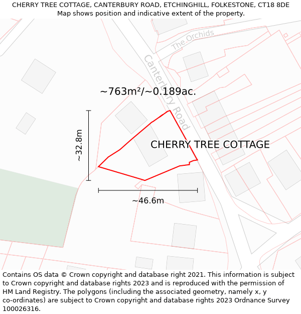 CHERRY TREE COTTAGE, CANTERBURY ROAD, ETCHINGHILL, FOLKESTONE, CT18 8DE: Plot and title map