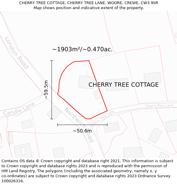 CHERRY TREE COTTAGE, CHERRY TREE LANE, WOORE, CREWE, CW3 9SR: Plot and title map