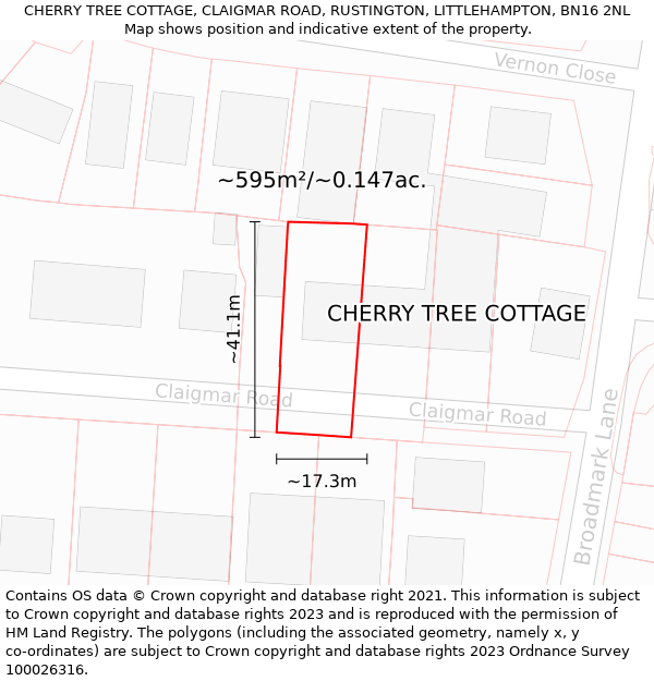 CHERRY TREE COTTAGE, CLAIGMAR ROAD, RUSTINGTON, LITTLEHAMPTON, BN16 2NL: Plot and title map