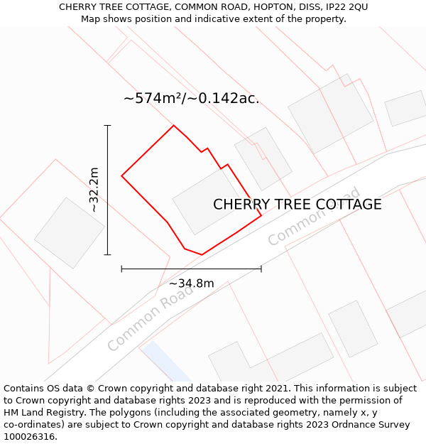 CHERRY TREE COTTAGE, COMMON ROAD, HOPTON, DISS, IP22 2QU: Plot and title map