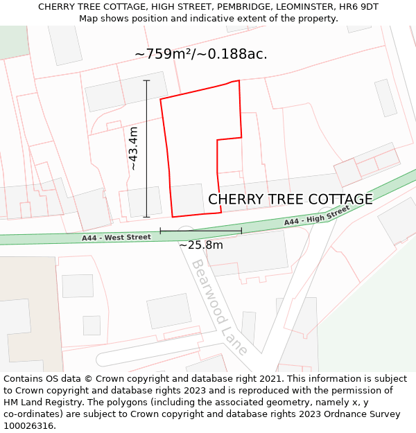 CHERRY TREE COTTAGE, HIGH STREET, PEMBRIDGE, LEOMINSTER, HR6 9DT: Plot and title map