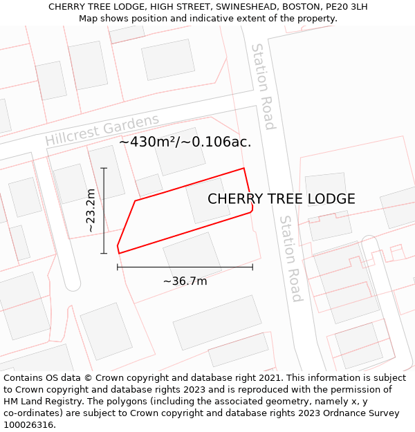 CHERRY TREE LODGE, HIGH STREET, SWINESHEAD, BOSTON, PE20 3LH: Plot and title map