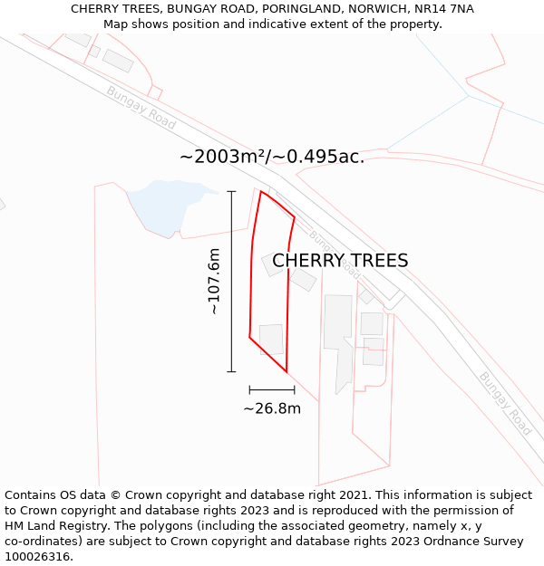 CHERRY TREES, BUNGAY ROAD, PORINGLAND, NORWICH, NR14 7NA: Plot and title map