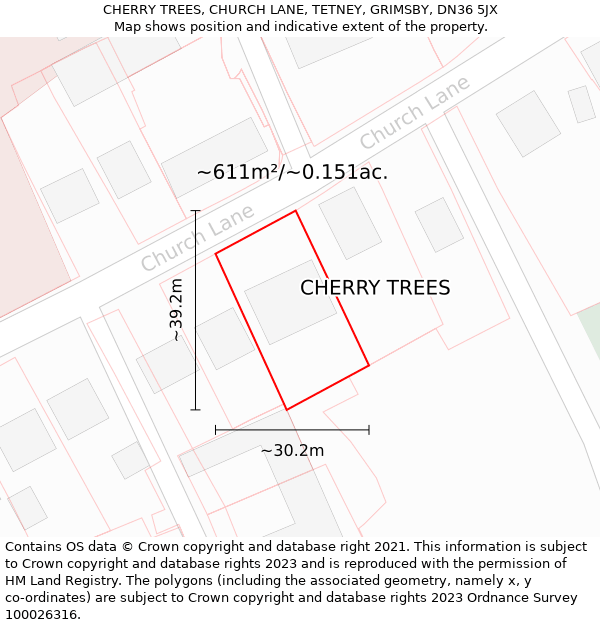 CHERRY TREES, CHURCH LANE, TETNEY, GRIMSBY, DN36 5JX: Plot and title map