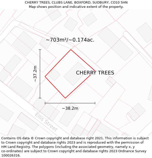 CHERRY TREES, CLUBS LANE, BOXFORD, SUDBURY, CO10 5HN: Plot and title map