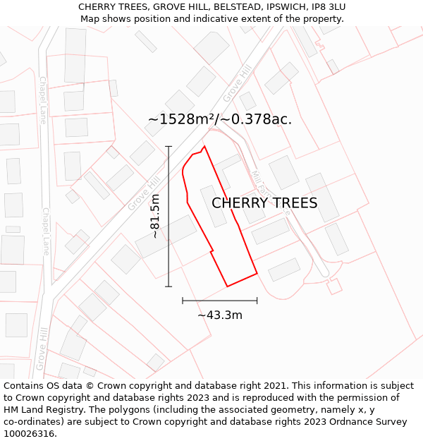 CHERRY TREES, GROVE HILL, BELSTEAD, IPSWICH, IP8 3LU: Plot and title map