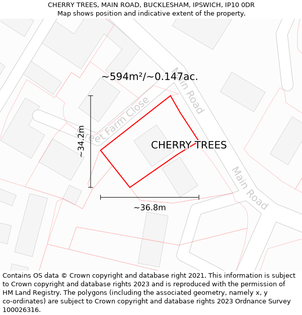 CHERRY TREES, MAIN ROAD, BUCKLESHAM, IPSWICH, IP10 0DR: Plot and title map