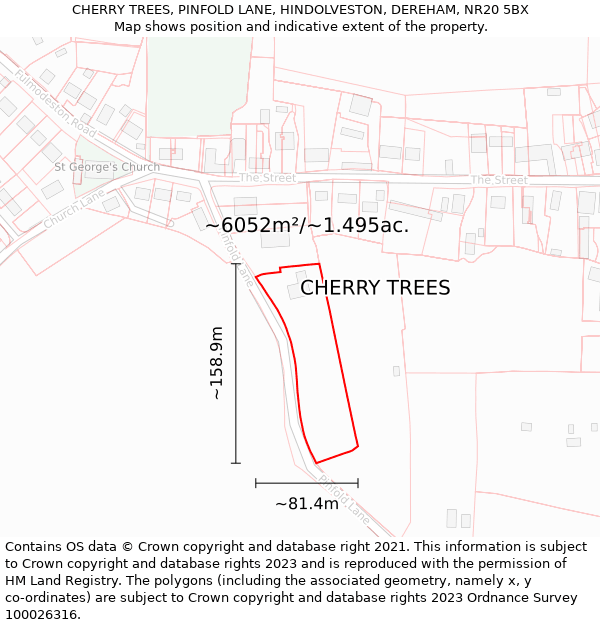 CHERRY TREES, PINFOLD LANE, HINDOLVESTON, DEREHAM, NR20 5BX: Plot and title map