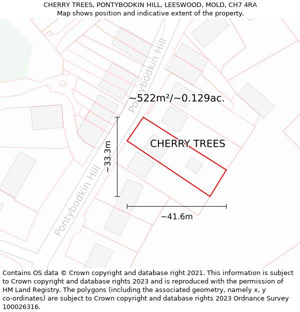 CHERRY TREES, PONTYBODKIN HILL, LEESWOOD, MOLD, CH7 4RA: Plot and title map