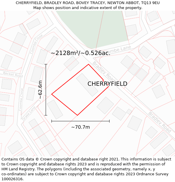CHERRYFIELD, BRADLEY ROAD, BOVEY TRACEY, NEWTON ABBOT, TQ13 9EU: Plot and title map