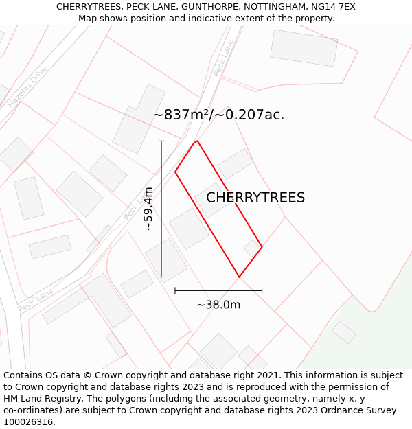 CHERRYTREES, PECK LANE, GUNTHORPE, NOTTINGHAM, NG14 7EX: Plot and title map