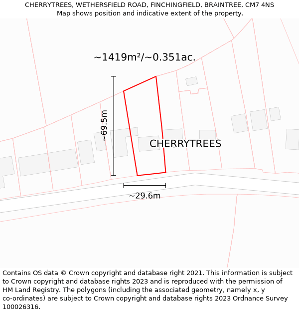 CHERRYTREES, WETHERSFIELD ROAD, FINCHINGFIELD, BRAINTREE, CM7 4NS: Plot and title map