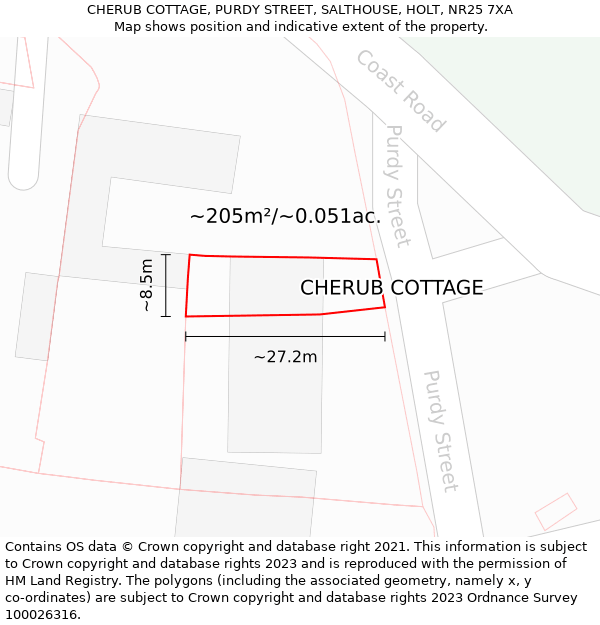 CHERUB COTTAGE, PURDY STREET, SALTHOUSE, HOLT, NR25 7XA: Plot and title map