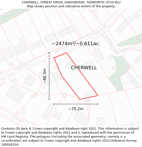 CHERWELL, FOREST DRIVE, KINGSWOOD, TADWORTH, KT20 6LU: Plot and title map