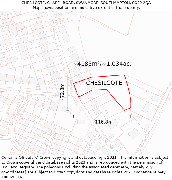 CHESILCOTE, CHAPEL ROAD, SWANMORE, SOUTHAMPTON, SO32 2QA: Plot and title map