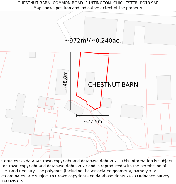 CHESTNUT BARN, COMMON ROAD, FUNTINGTON, CHICHESTER, PO18 9AE: Plot and title map