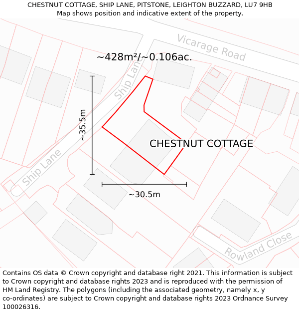 CHESTNUT COTTAGE, SHIP LANE, PITSTONE, LEIGHTON BUZZARD, LU7 9HB: Plot and title map