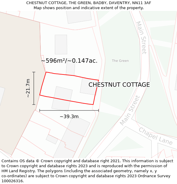 CHESTNUT COTTAGE, THE GREEN, BADBY, DAVENTRY, NN11 3AF: Plot and title map