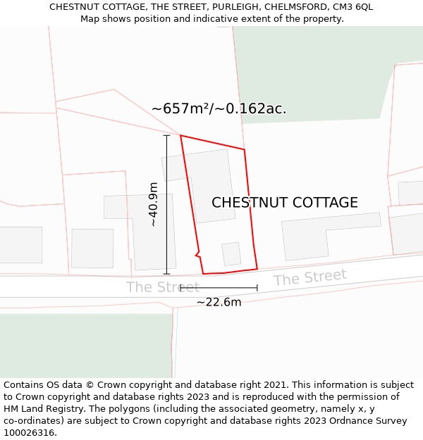 CHESTNUT COTTAGE, THE STREET, PURLEIGH, CHELMSFORD, CM3 6QL: Plot and title map