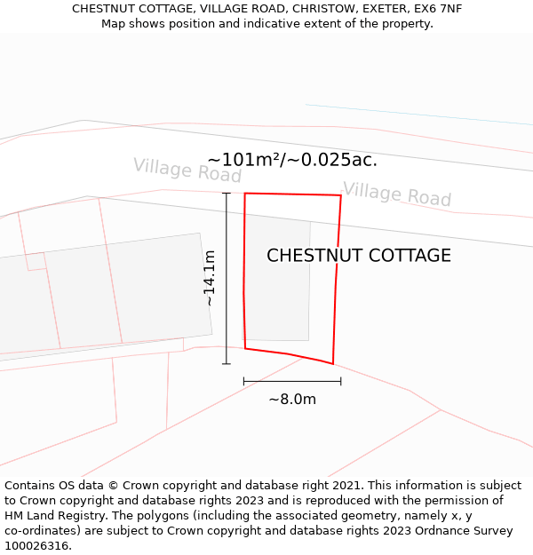 CHESTNUT COTTAGE, VILLAGE ROAD, CHRISTOW, EXETER, EX6 7NF: Plot and title map