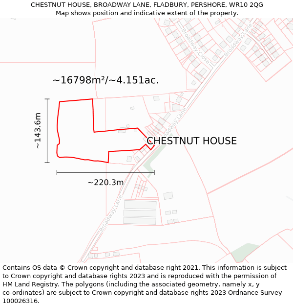 CHESTNUT HOUSE, BROADWAY LANE, FLADBURY, PERSHORE, WR10 2QG: Plot and title map