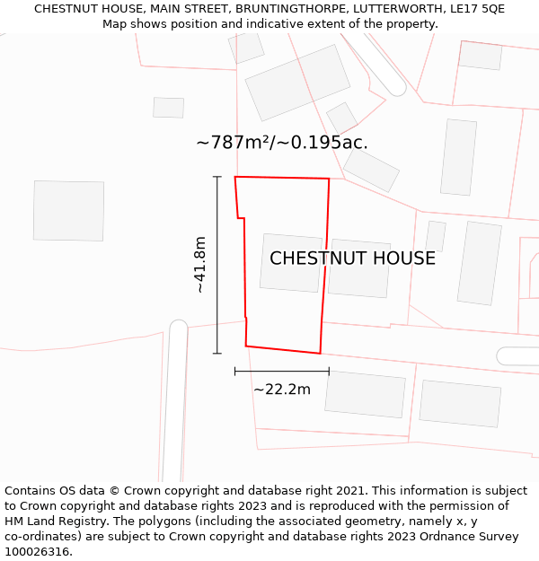 CHESTNUT HOUSE, MAIN STREET, BRUNTINGTHORPE, LUTTERWORTH, LE17 5QE: Plot and title map