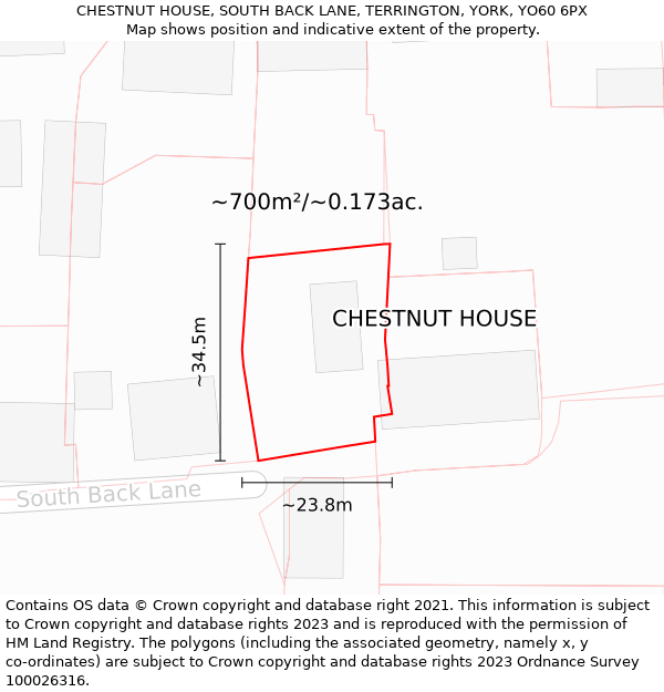 CHESTNUT HOUSE, SOUTH BACK LANE, TERRINGTON, YORK, YO60 6PX: Plot and title map