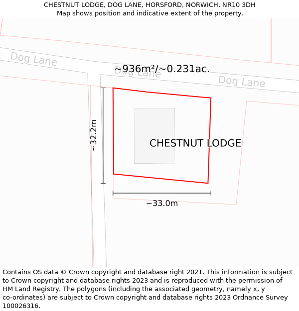 CHESTNUT LODGE, DOG LANE, HORSFORD, NORWICH, NR10 3DH: Plot and title map