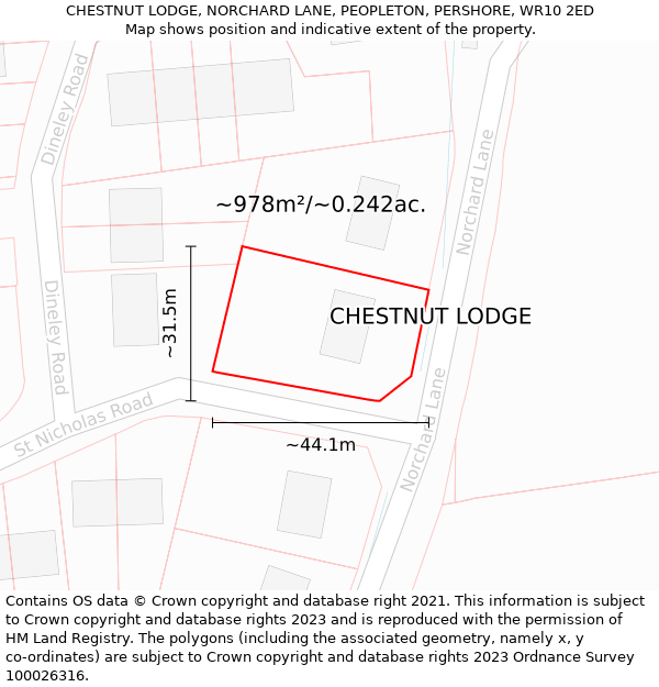 CHESTNUT LODGE, NORCHARD LANE, PEOPLETON, PERSHORE, WR10 2ED: Plot and title map