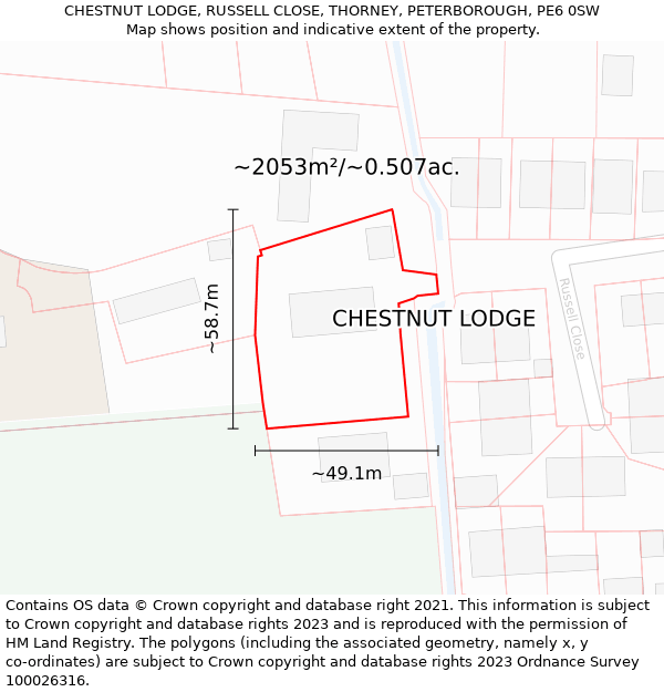 CHESTNUT LODGE, RUSSELL CLOSE, THORNEY, PETERBOROUGH, PE6 0SW: Plot and title map