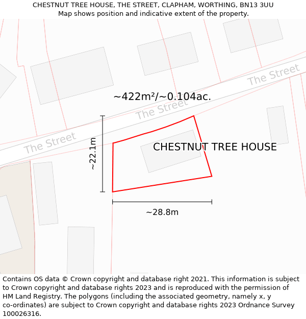 CHESTNUT TREE HOUSE, THE STREET, CLAPHAM, WORTHING, BN13 3UU: Plot and title map