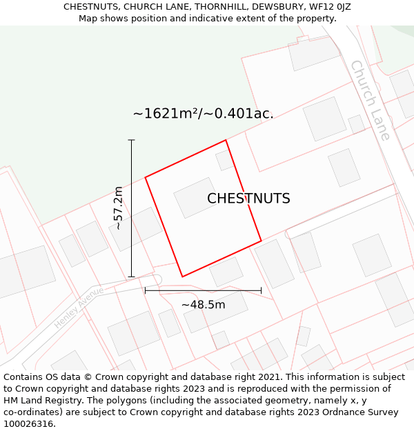 CHESTNUTS, CHURCH LANE, THORNHILL, DEWSBURY, WF12 0JZ: Plot and title map