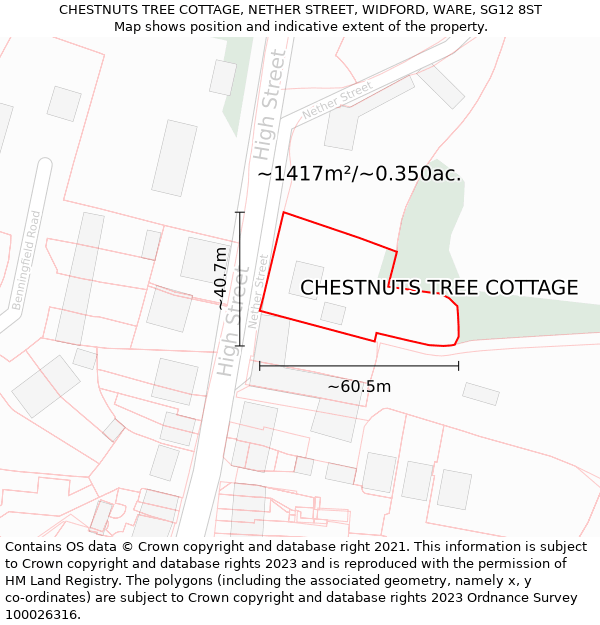CHESTNUTS TREE COTTAGE, NETHER STREET, WIDFORD, WARE, SG12 8ST: Plot and title map