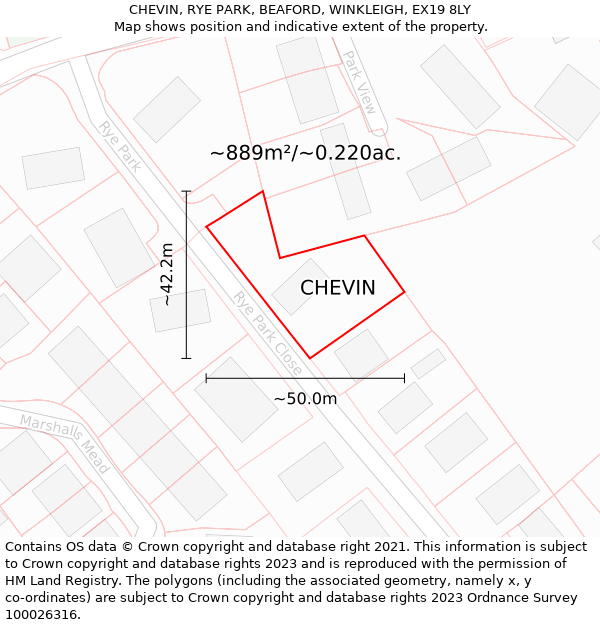 CHEVIN, RYE PARK, BEAFORD, WINKLEIGH, EX19 8LY: Plot and title map