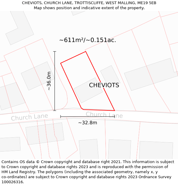 CHEVIOTS, CHURCH LANE, TROTTISCLIFFE, WEST MALLING, ME19 5EB: Plot and title map