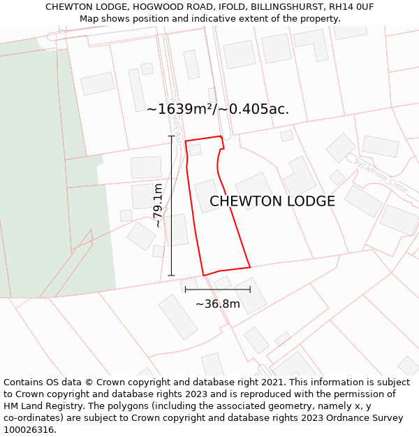 CHEWTON LODGE, HOGWOOD ROAD, IFOLD, BILLINGSHURST, RH14 0UF: Plot and title map