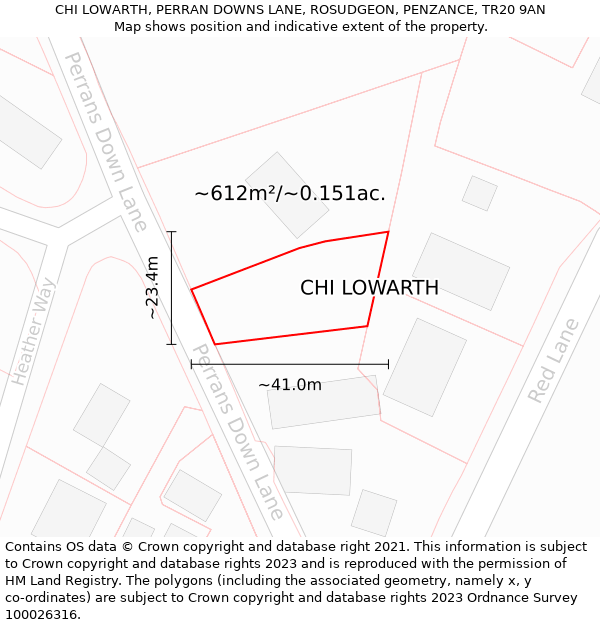 CHI LOWARTH, PERRAN DOWNS LANE, ROSUDGEON, PENZANCE, TR20 9AN: Plot and title map