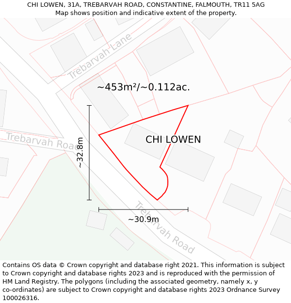 CHI LOWEN, 31A, TREBARVAH ROAD, CONSTANTINE, FALMOUTH, TR11 5AG: Plot and title map