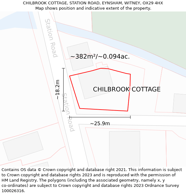 CHILBROOK COTTAGE, STATION ROAD, EYNSHAM, WITNEY, OX29 4HX: Plot and title map