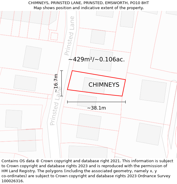 CHIMNEYS, PRINSTED LANE, PRINSTED, EMSWORTH, PO10 8HT: Plot and title map