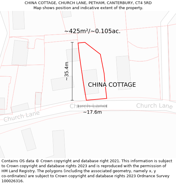 CHINA COTTAGE, CHURCH LANE, PETHAM, CANTERBURY, CT4 5RD: Plot and title map