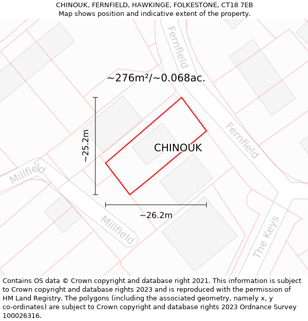 CHINOUK, FERNFIELD, HAWKINGE, FOLKESTONE, CT18 7EB: Plot and title map