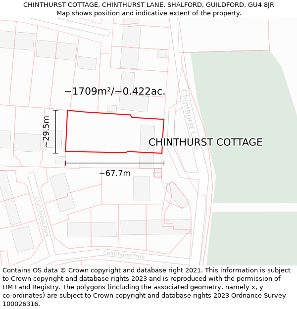 CHINTHURST COTTAGE, CHINTHURST LANE, SHALFORD, GUILDFORD, GU4 8JR: Plot and title map