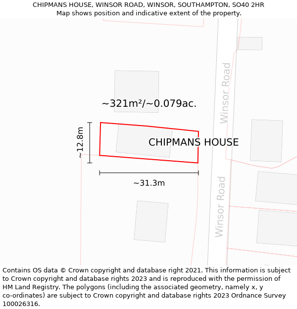 CHIPMANS HOUSE, WINSOR ROAD, WINSOR, SOUTHAMPTON, SO40 2HR: Plot and title map