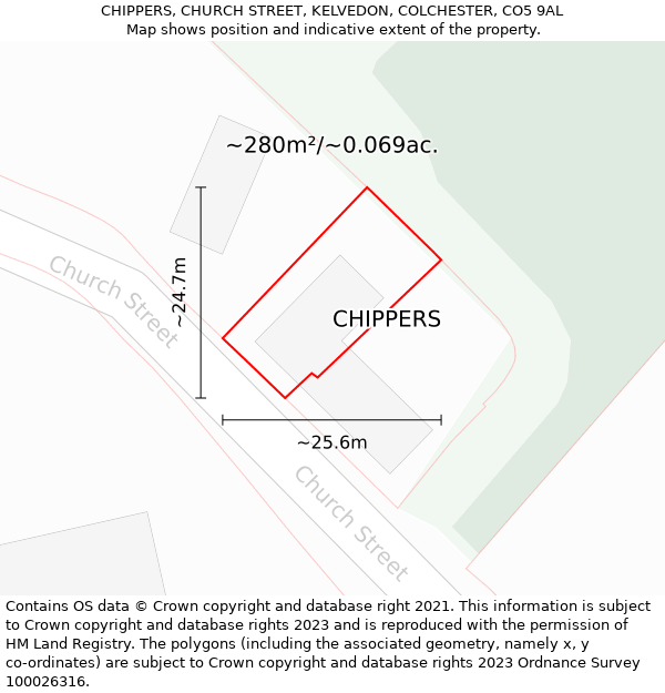 CHIPPERS, CHURCH STREET, KELVEDON, COLCHESTER, CO5 9AL: Plot and title map