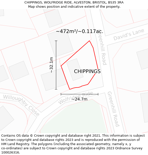 CHIPPINGS, WOLFRIDGE RIDE, ALVESTON, BRISTOL, BS35 3RA: Plot and title map