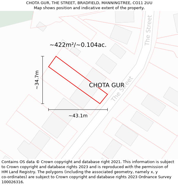 CHOTA GUR, THE STREET, BRADFIELD, MANNINGTREE, CO11 2UU: Plot and title map