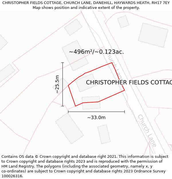 CHRISTOPHER FIELDS COTTAGE, CHURCH LANE, DANEHILL, HAYWARDS HEATH, RH17 7EY: Plot and title map